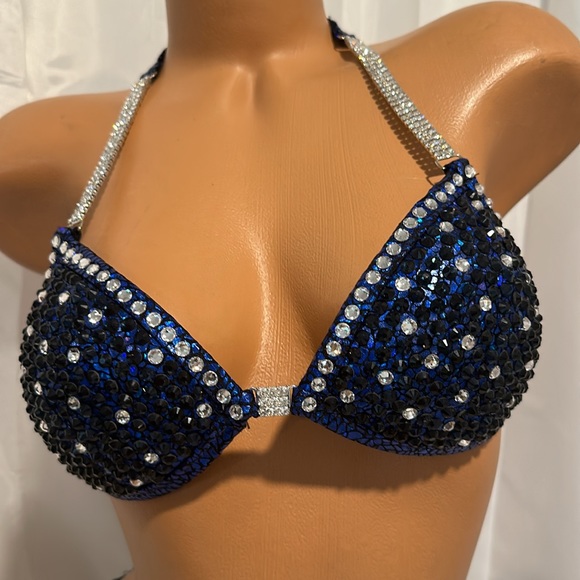 NPC NWT Blue/Black competition bikini posing suit pro cut  CUP 32B SMALL BOTTOM - Picture 3 of 6